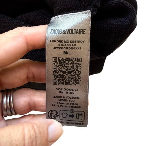 ZADIG & VOLTAIRE Edmond Distress Sweatshirt Black Rhinestone Distressed NWT M/L - Picture 7 of 10